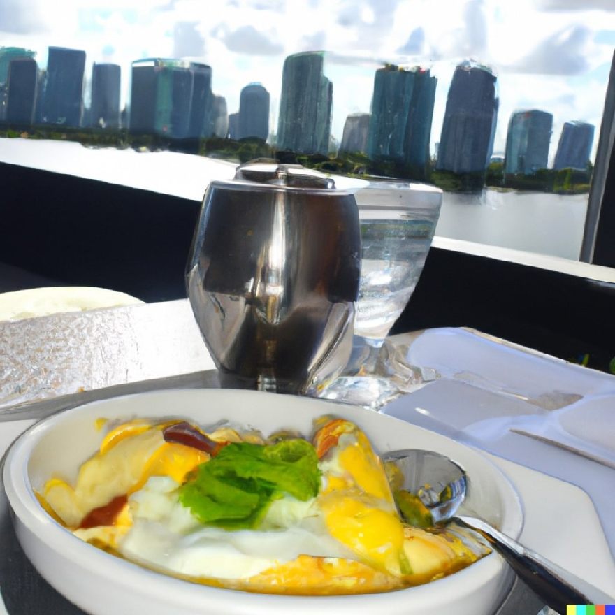 delicious dessert in a gourmet Restaurant and the Skyline of Miami.