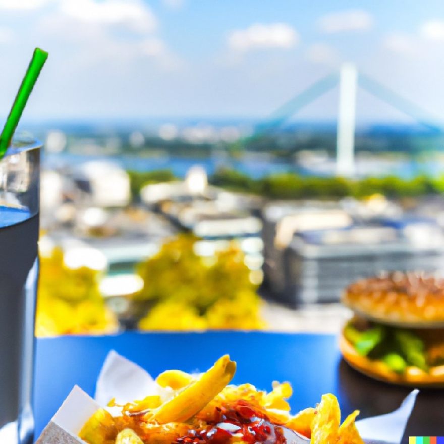 Skyline van Keulen, Duitsland en kitskos in 'n restaurant.