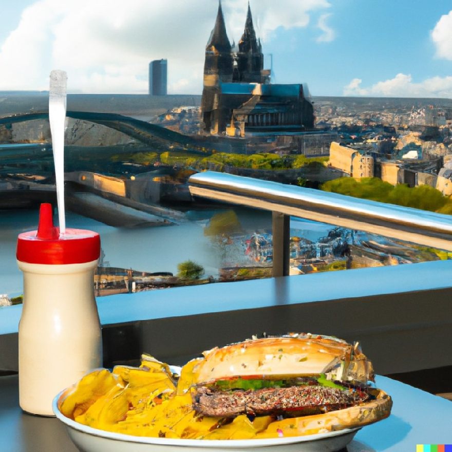 The Cologne Dom and the skyline of cologne with delicious fastfood.