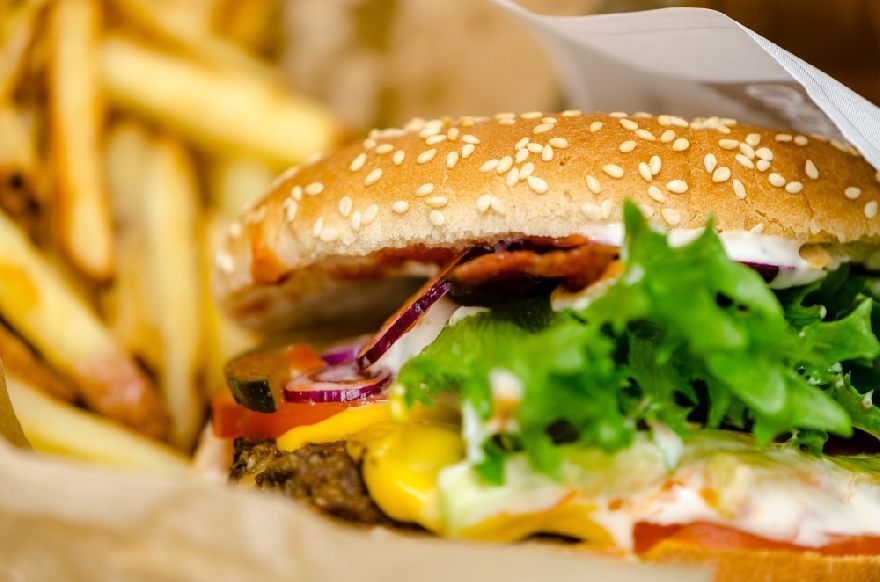 Hamburger close-up with fries
