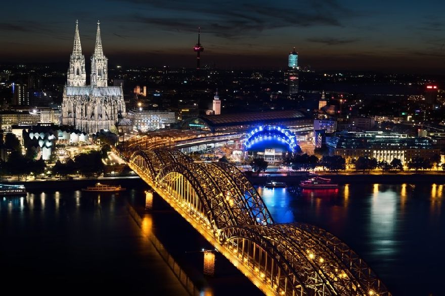 Cologne skyline at night.