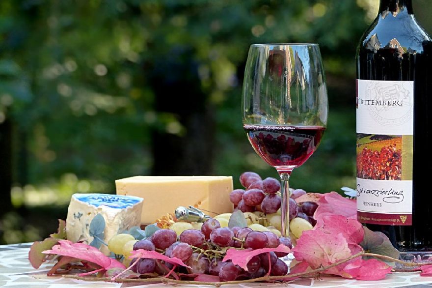 Weinglas mit Wein und Käse